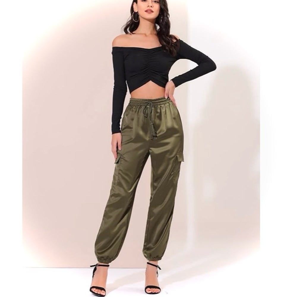 NWT NINE WEST Olive Green Women's Satin Cargo joggers